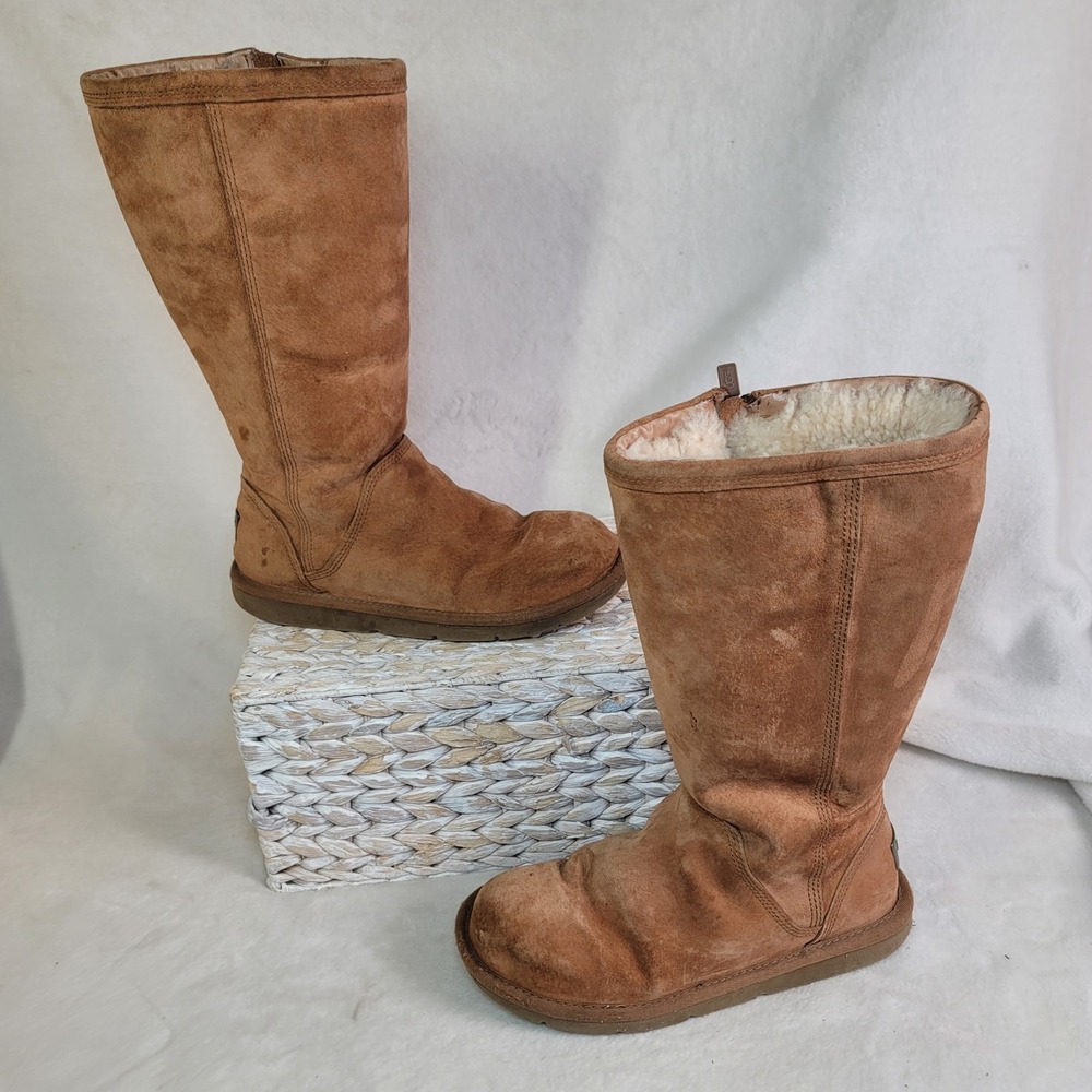 UGG Boots Over Calf Brown Size 7 Luxe Cabincore Fur Lined Zip Side Ski Resort